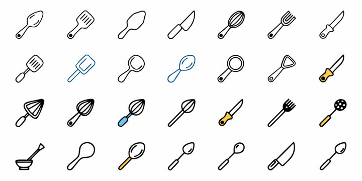 Illustration of various kitchen utensils including spoons, spatulas, knives, forks and other cooking tools