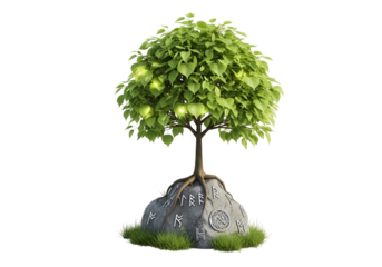 A vibrant, stylized tree with luminous fruit, rooted in a mystical stone, set against a striking black background.