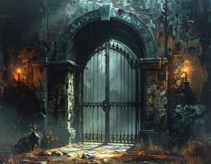 Enigmatic Ancient Gate Surrounded by Mist and Overgrown Vegetation