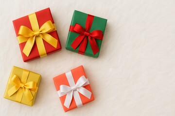 Colorful Gift Boxes with Ribbons on Soft White Background Perfect for Celebrations, Holidays, and Special Occasions in a Festive Atmosphere