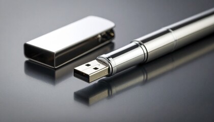 A sleek silver pen with an integrated USB flash drive and its cap on a dark reflective surface.