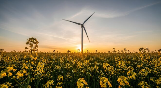Golden hour sunset illuminates a vibrant canola field with a majestic wind turbine spinning gently, symbolizing clean energy and natural beauty.