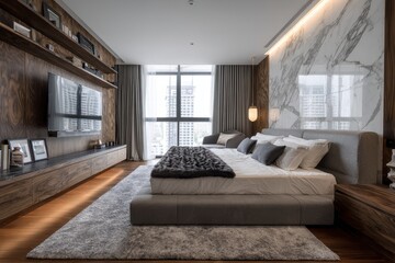 Luxurious Modern Bedroom with City View and Marble Accents