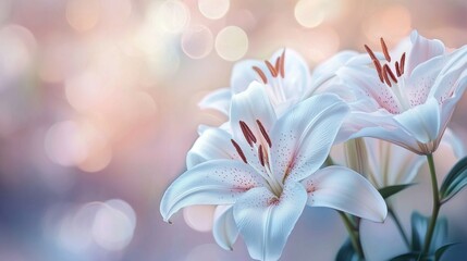 Fototapeta premium Three white lilies with pink centers against a blurred, bokeh background.