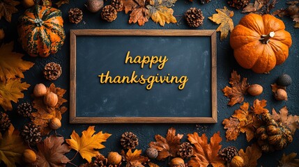 Bold Happy Thanksgiving Text on Chalkboard with Autumn Decorations, Flat Lay Top View Banner Design Template