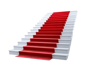 Obraz premium Elegant red carpet on white staircase with step number feature on transparent background, PNG