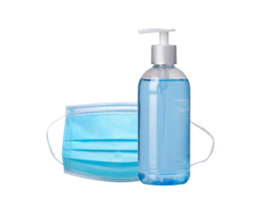 Blue face mask and hand sanitizer bottle on transparent background, PNG