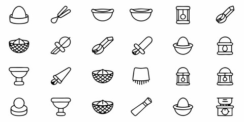 Illustration of various kitchen and dining related objects in a simple black and white outline style