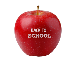 Red apple with back to school text on transparent background, PNG