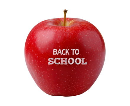 Red apple with back to school text on transparent background, PNG