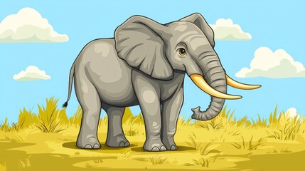 Fototapeta premium A cartoon elephant standing in a grassy field with clouds in the background.