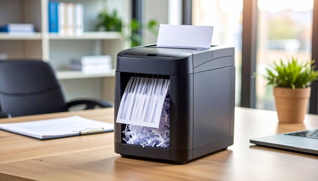 A black paper shredder on a wooden office desk destroying a document for security and data protection.