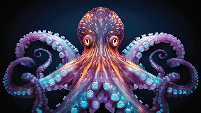 Colorful octopus with eight tentacles, eyes visible, on dark background. AI.