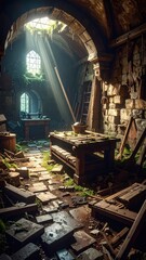 Obraz premium Abandoned Workshop with Dappled Light and Overgrown Vegetation