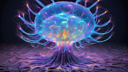 Glowing blue sphere has tendrils reaching up and down. Purple and blue roots are shown on the bottom. AI. - Powered by Adobe