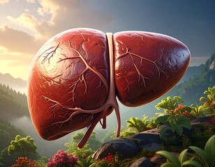 3D model of a human liver in a scenic natural setting