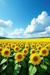 Fototapeta premium Vast sunflower field, blue sky with fluffy clouds, rural, vibrant