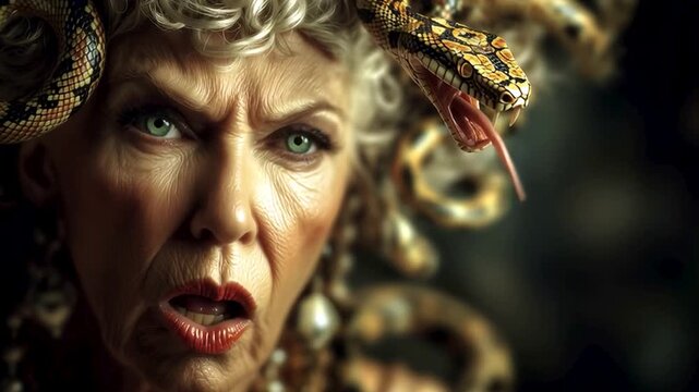 Angry older medusa or witch with hissing snakes for hair, shouting or chanting closeup