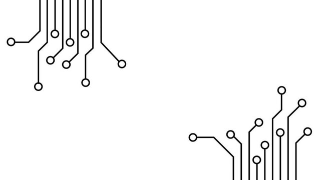 Abstract minimalist animation featuring clean black lines and geometric shapes against a white background suggesting technology and data flow