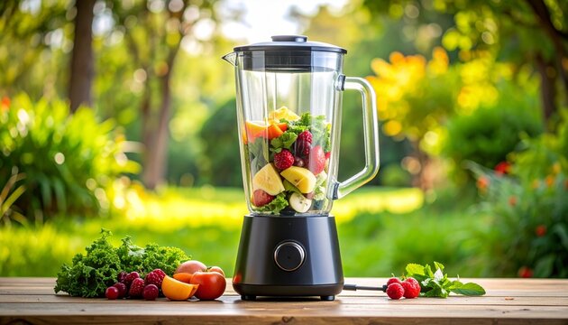 A blender filled with fresh fruits and vegetables sits on a wooden table in a sunny garden, ready for making a healthy smoothie.