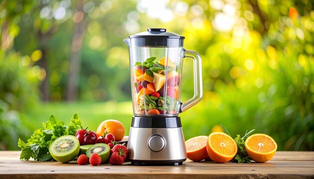 A blender filled with fresh colorful fruits and vegetables on a wooden table outdoors in a sunny garden.
