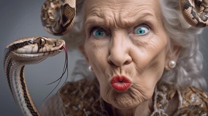 Old angry woman with hissing snake in surreal closeup - Powered by Adobe