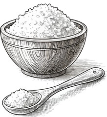 Wooden Bowl and Spoon Filled with Coarse Salt Keywords: salt, coarse salt, sea salt, rock salt