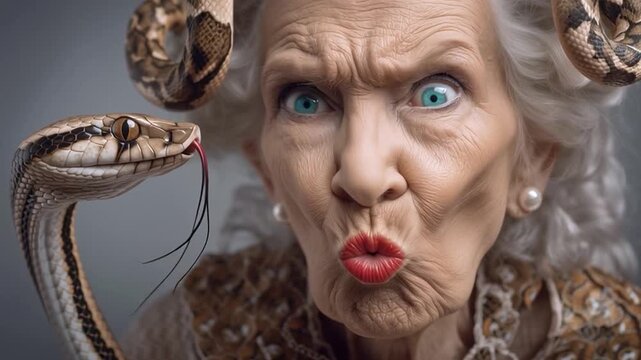 Old angry woman with hissing snake in surreal closeup