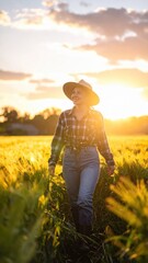 Fototapeta premium Woman Walking Through Wheat Field at Sunset with Straw Hat