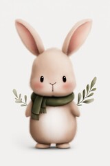 Obraz premium Merry Christmas concept. Cute rabbit character with a scarf and leaves.