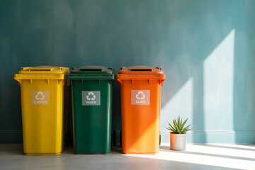 Green plastic recycling bin for waste disposal in a park