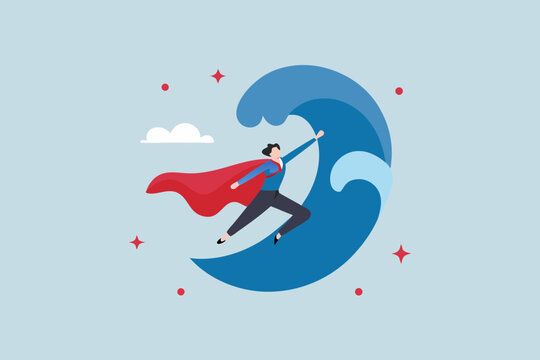 Superhero business person in red cape surfing a giant blue wave symbolizing success and overcoming challenges