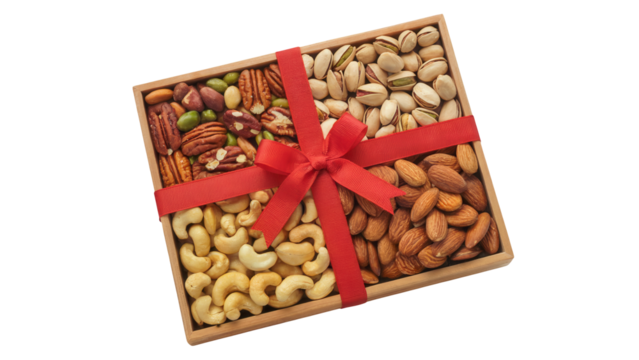 A beautifully arranged square gift box filled with a variety of premium nuts and dried fruits tied with a red ribbon isolated on transparent background