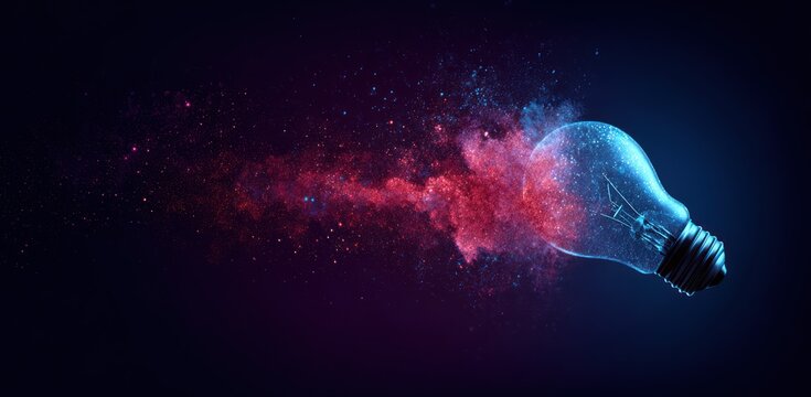 Illuminated lightbulb with dispersing red & blue energy, against a dark backdrop. A conceptual image of innovation and creativity - Powered by Adobe
