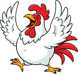 Funny cartoon rooster character, happy chicken illustration with wings up, colorful farm animal vector drawing, mascot design for children, poultry artwork