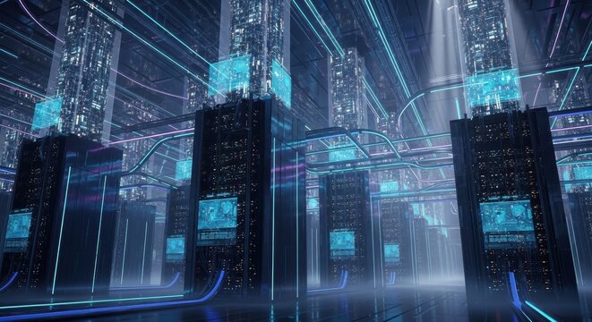 Futuristic Server Room Dark Gray and Blue Glow Network
