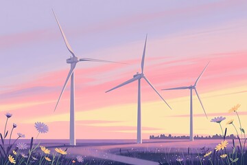 Three wind turbines stand in a field of flowers at sunset with a pastel sky wind power renewable energy