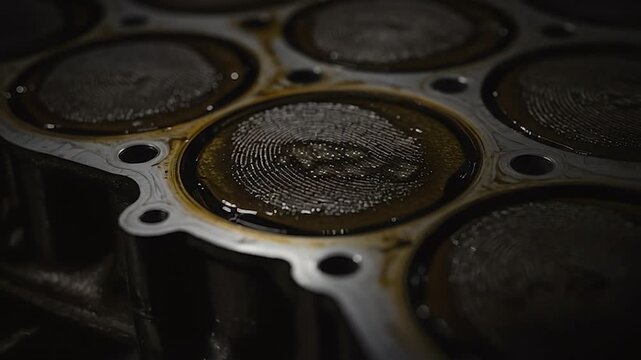 Close up of a dirty engine block with pistons.