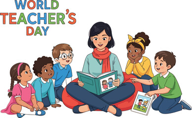 World teachers day illustration of a teacher reading a book to a group of children