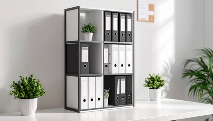 A modern black and white modular shelving unit on a desk, organized with office binders and small plants.