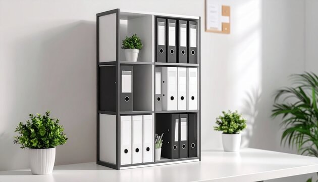A modern black and white modular shelving unit on a desk, organized with office binders and small plants. - Powered by Adobe