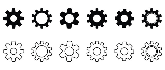 Cogwheel icon set. Gear icon set. Gear Settings symbol, Settings Icon Pack. Outline cogwheel mechanism symbol. Functions symbol. Vector illustration.
