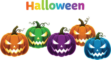 A spooky and colorful halloween pumpkins with glowing eyes and carved faces