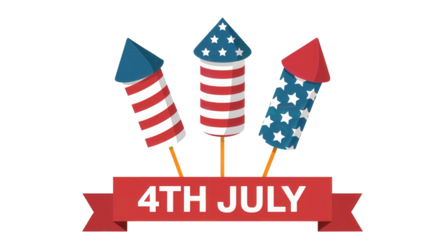 Three american flag themed fireworks rockets standing upright above a red ribbon banner with 4th july text isolated on transparent background