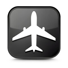 Fototapeta premium A white airplane icon on a black glossy square background with rounded corners and a subtle shadow isolated on transparent background