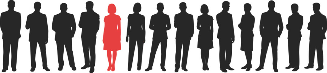 Business people silhouettes standing in row, team leadership, diversity concept, individuality highlighted woman, corporate teamwork, company staff, human resources management