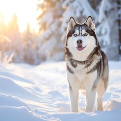 Fototapeta premium Husky in snowy forest at sunset