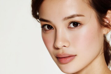 Naklejka premium A stylish Japanese woman with a soft, gentle aesthetic, featuring light tones and a calm, poised expression. The photography creates a sophisticated yet approachable mood.