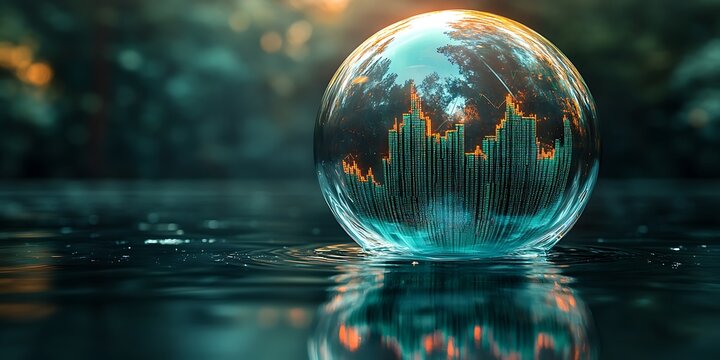 Reflective glass sphere containing dynamic financial data bars, resting gently in calm water, symbolizing market trends, global economy, and the future outlook amidst natural serenity