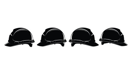Four glossy black construction hard hats lined up in a row against a clean white surface. vector